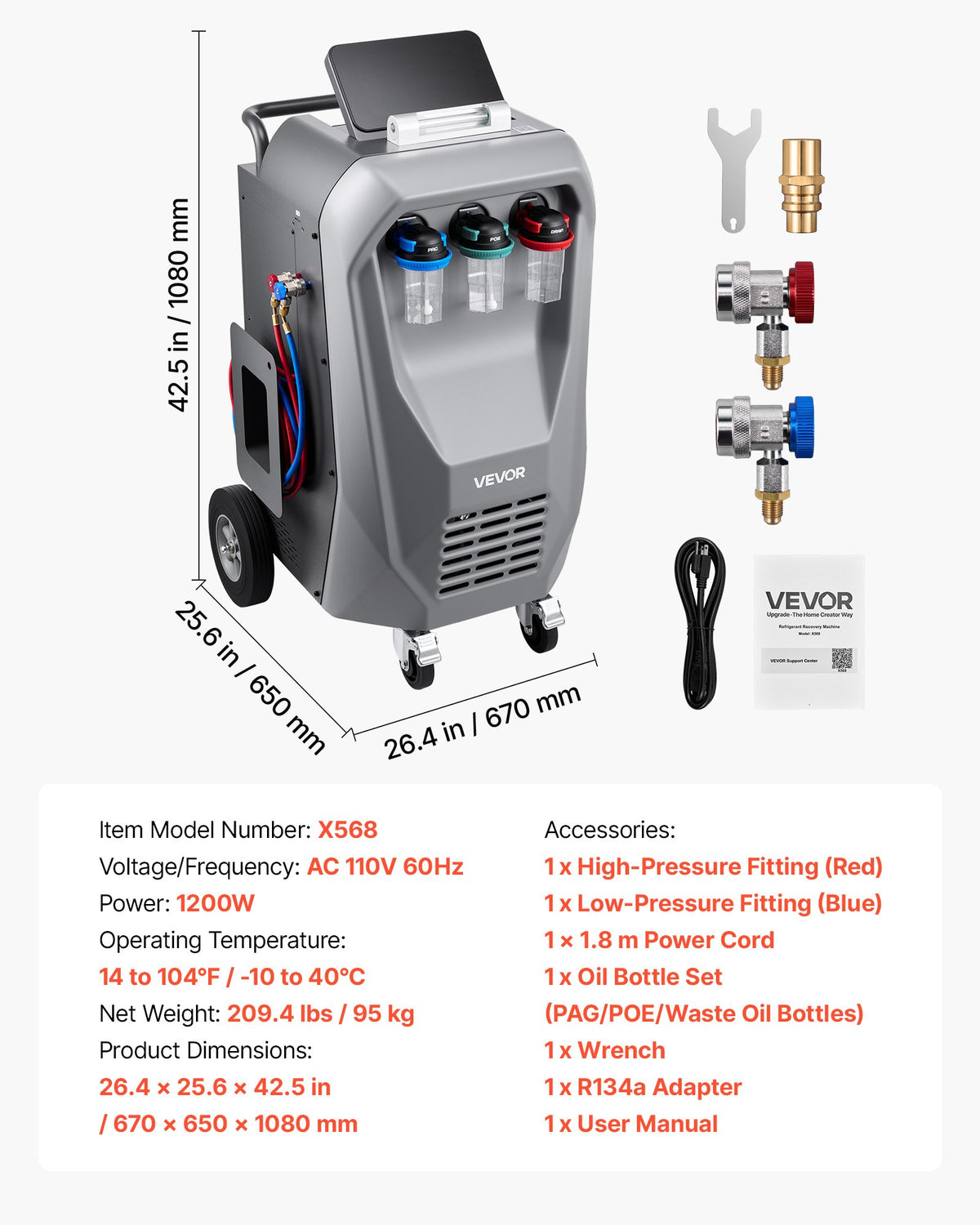 Fully Automatic Refrigerant Recovery Machine For R134a, ≥98.5%