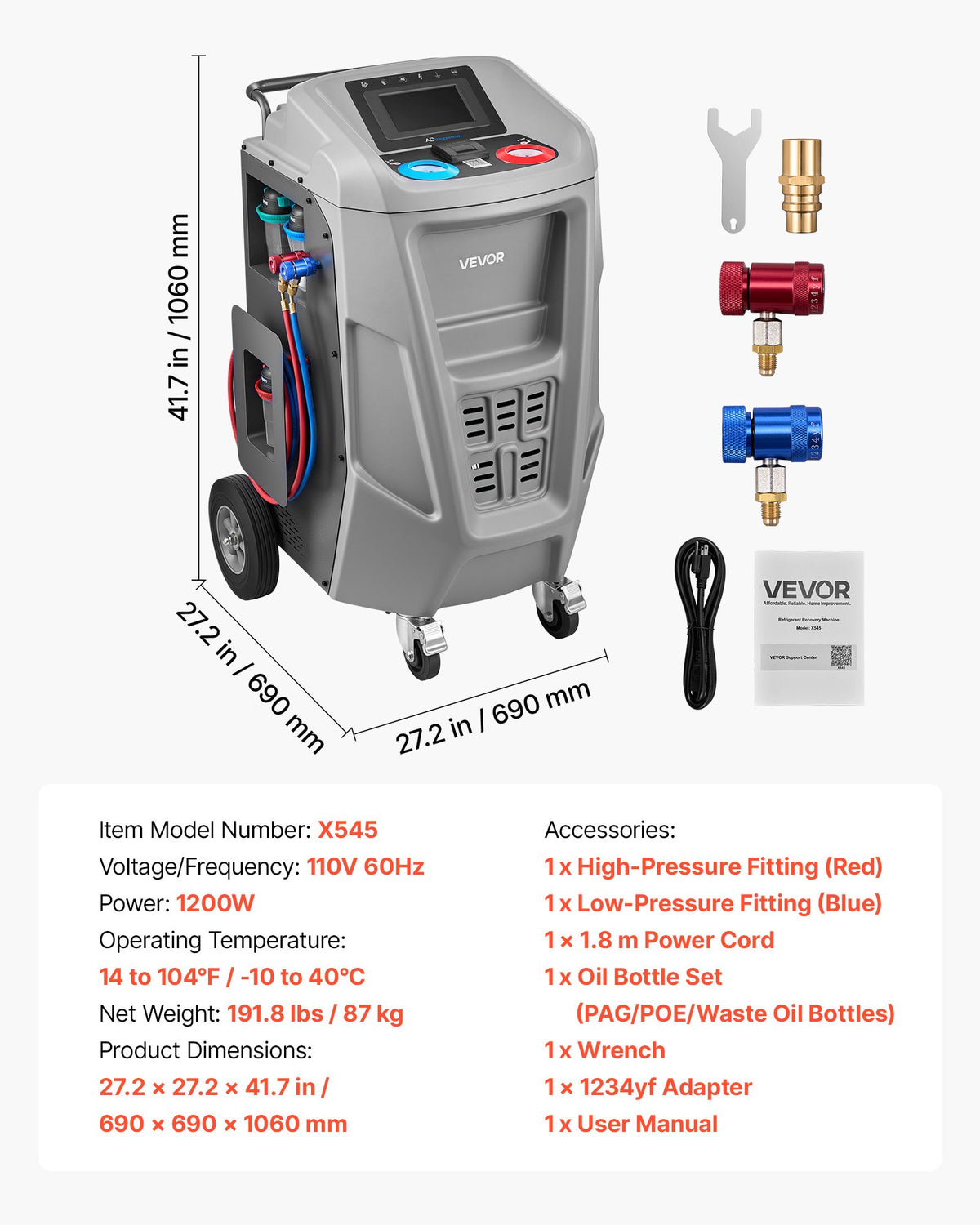 Fully Automatic Refrigerant Recovery Machine For 1234yf, ≥98.5%