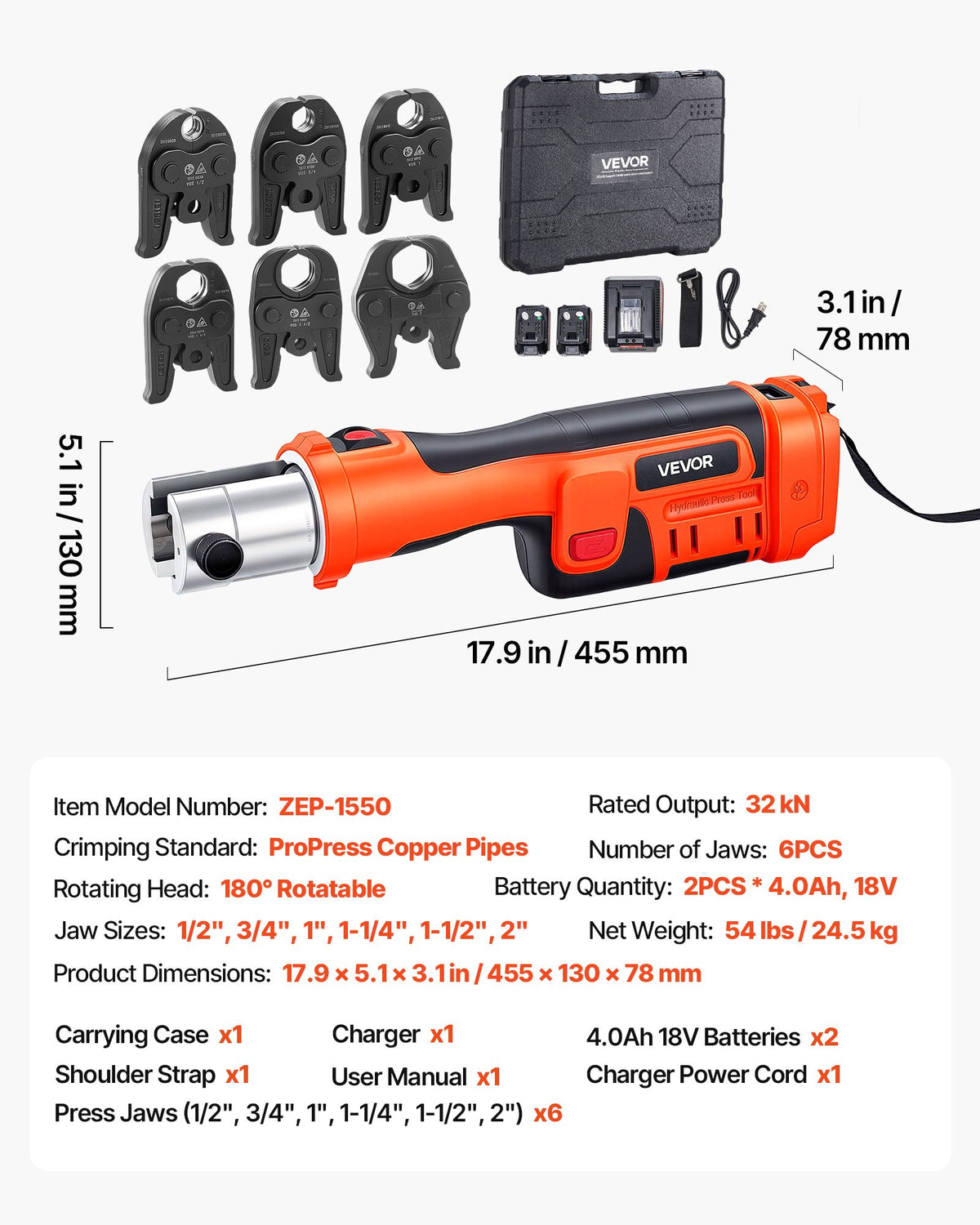 ProPress Tool, 18V Electric Pipe Crimping Tool For 1/2", 3/4", 1", 1