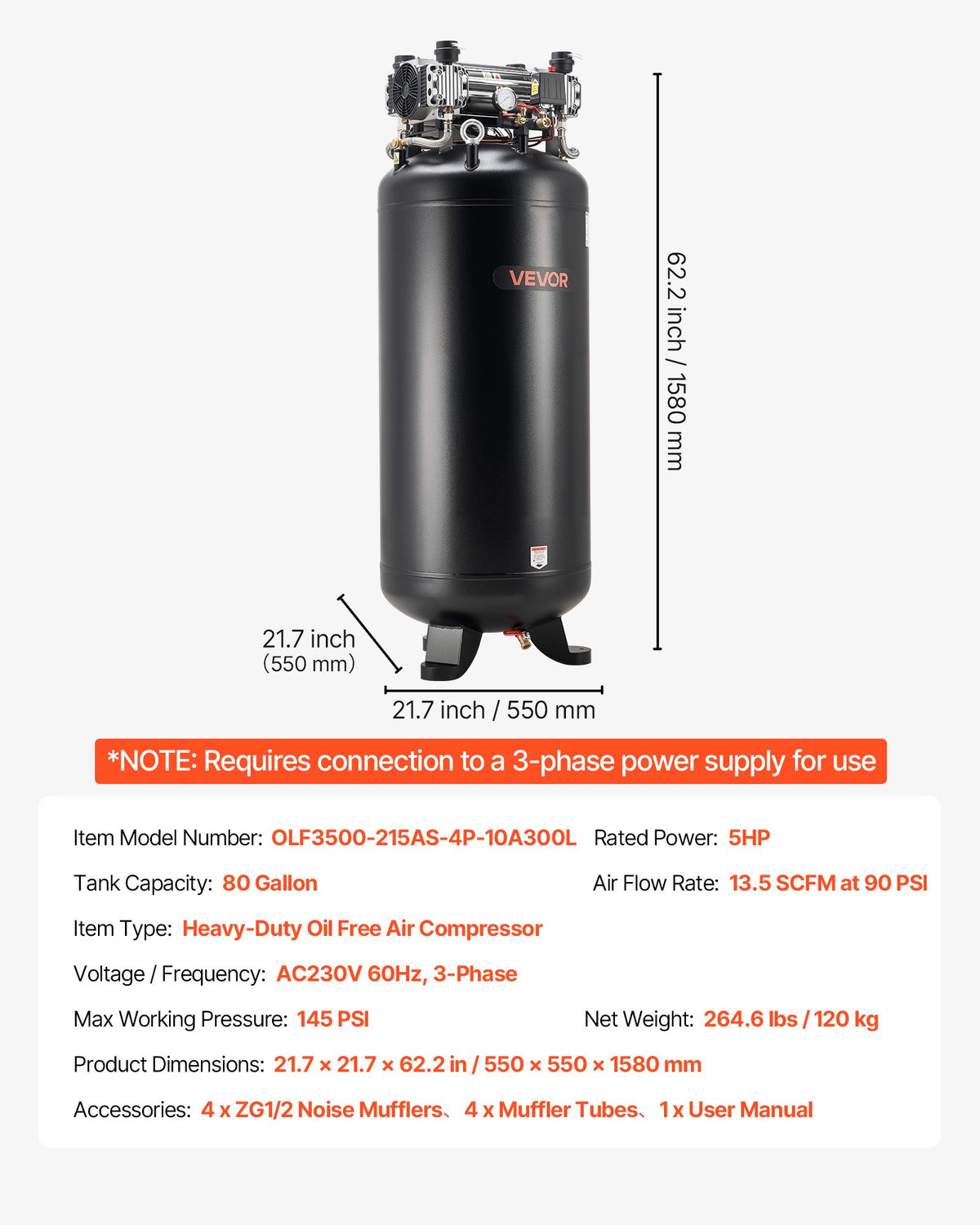 80 Gallons Heavy-Duty Air Compressor, 5HP 13.5SCFM At 90PSI Air