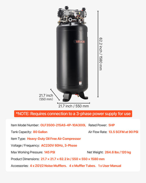 80 Gallons Heavy-Duty Air Compressor, 5HP 13.5SCFM At 90PSI Air