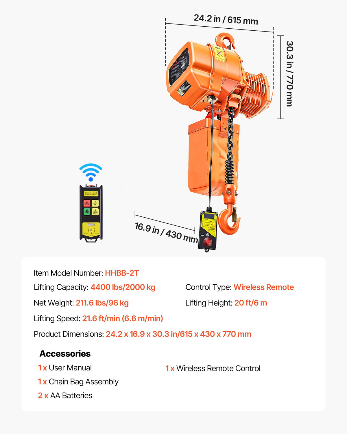 4400 Lbs Electric Chain Hoist, 20 Ft Lifting Height, Three-Phase