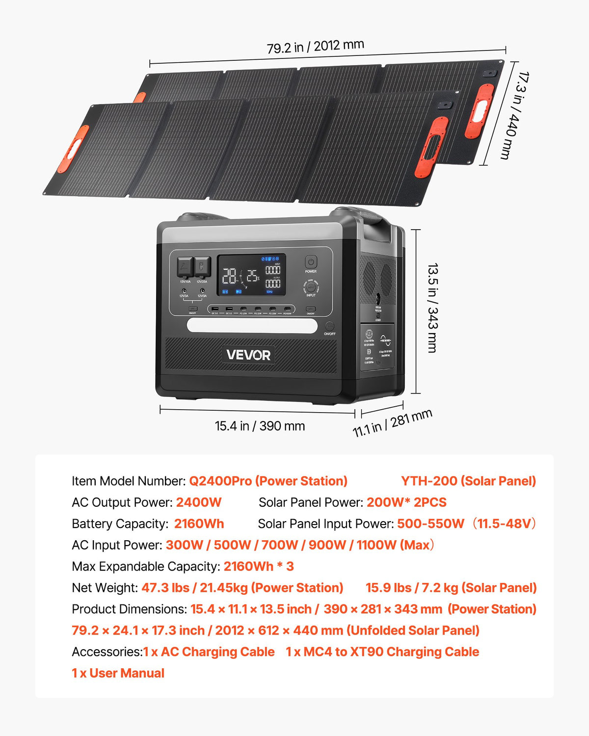 Portable Power Station, 2400W Portable Solar Generator With 2PCS *