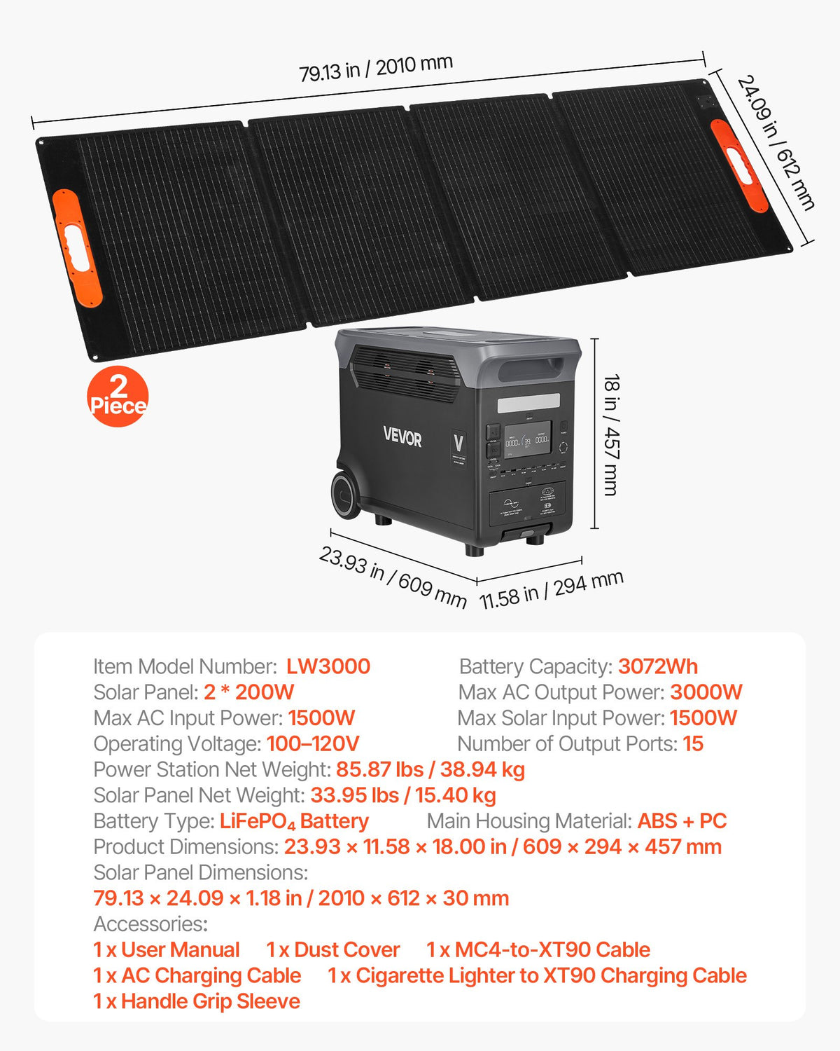Portable Power Station With 2PCS 200W Solar Panels, 3000W Solar