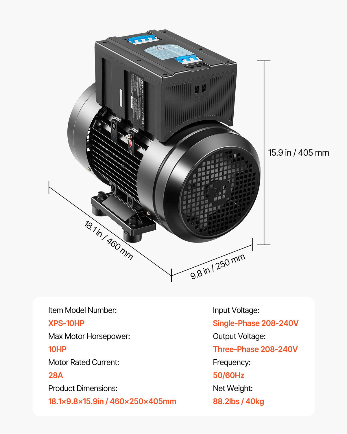 Single Phase To 3-Phase Rotary Converter, 10HP 28A 208-240V