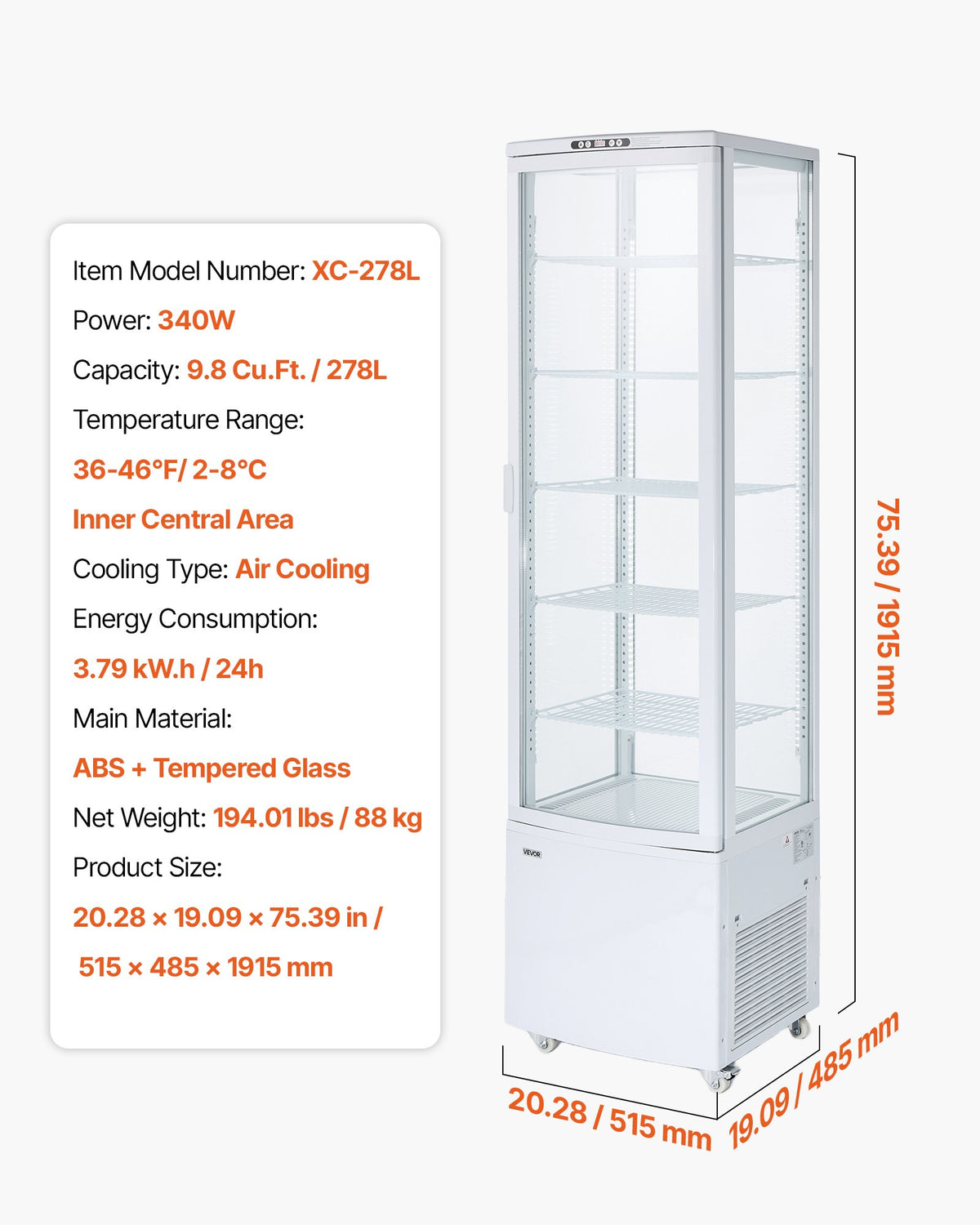 Refrigerated Display Case, 9.8 Cu.Ft./278L Large Pastry Display Case