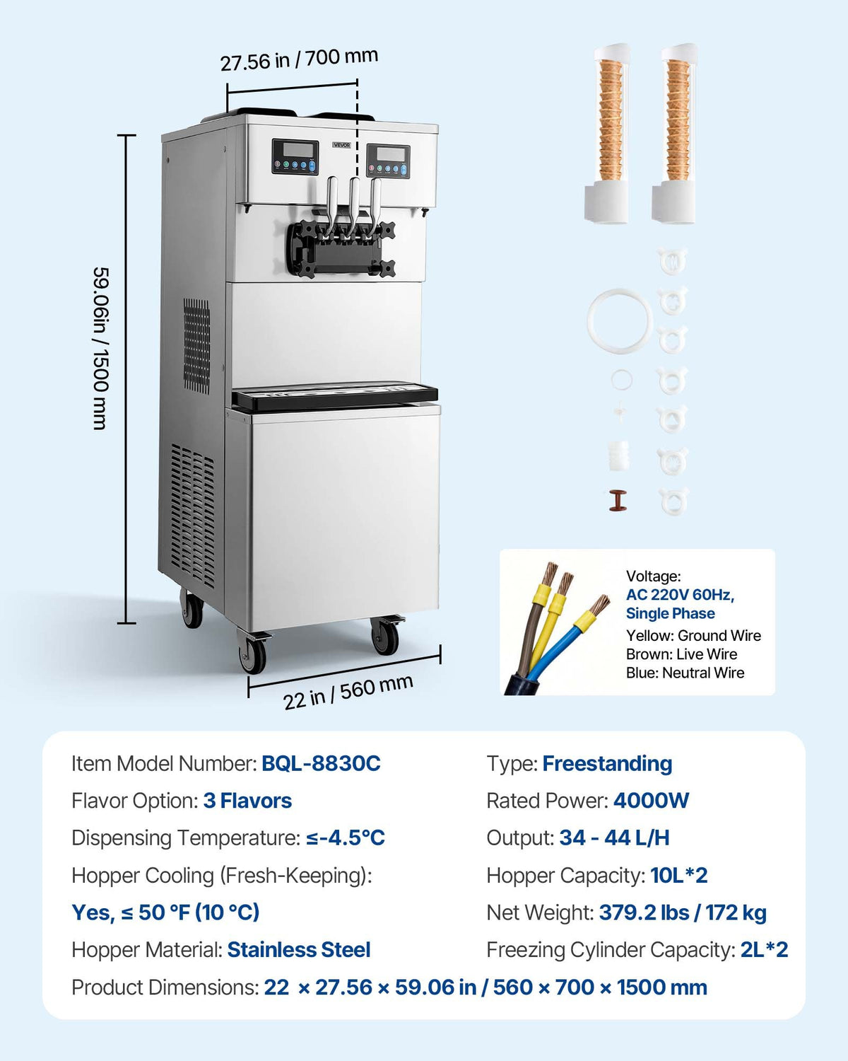 Commercial Ice Cream Machine, 34-44L/H Yield, Dual-Compressor